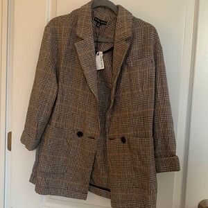 Brown checkered blazer with orange & blue accents